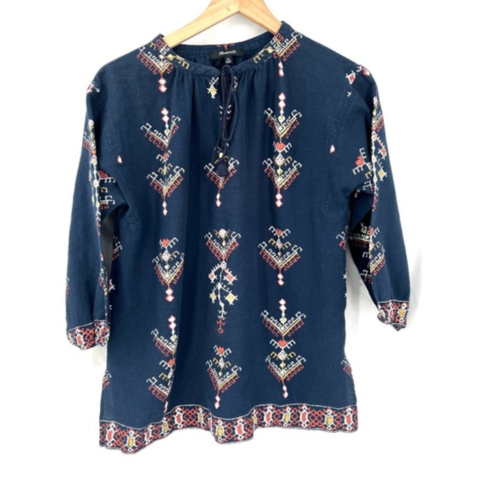 madewell folkstitch popover peasant blouse boho top navy blue southwestern‎ XS - Picture 2 of 9